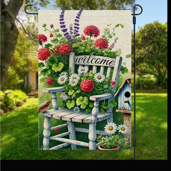 Welcome Garden Flag with Floral Design and Old Chair - Picture 4 of 5